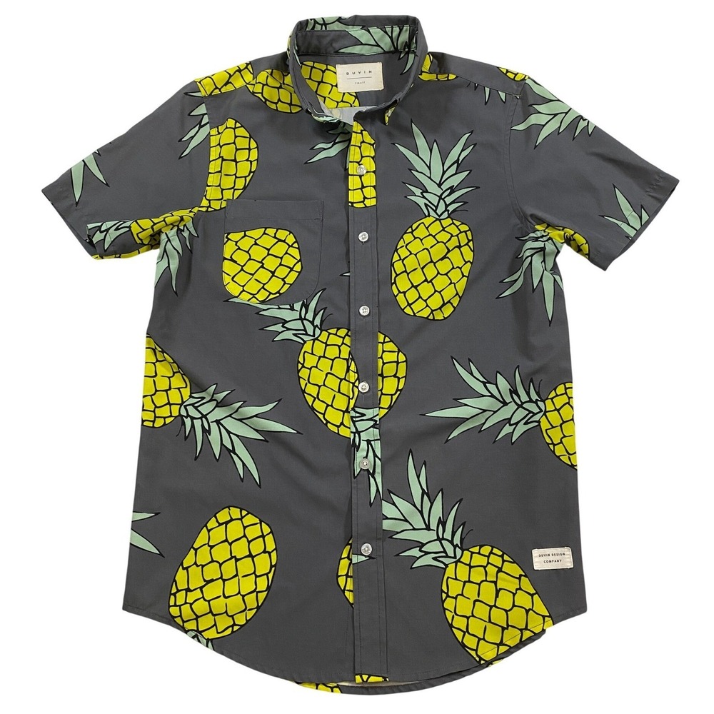 DUVIN‎ DESIGN COMPANY Men's Pineapple Print Short Sleeve Button Up Small Gray